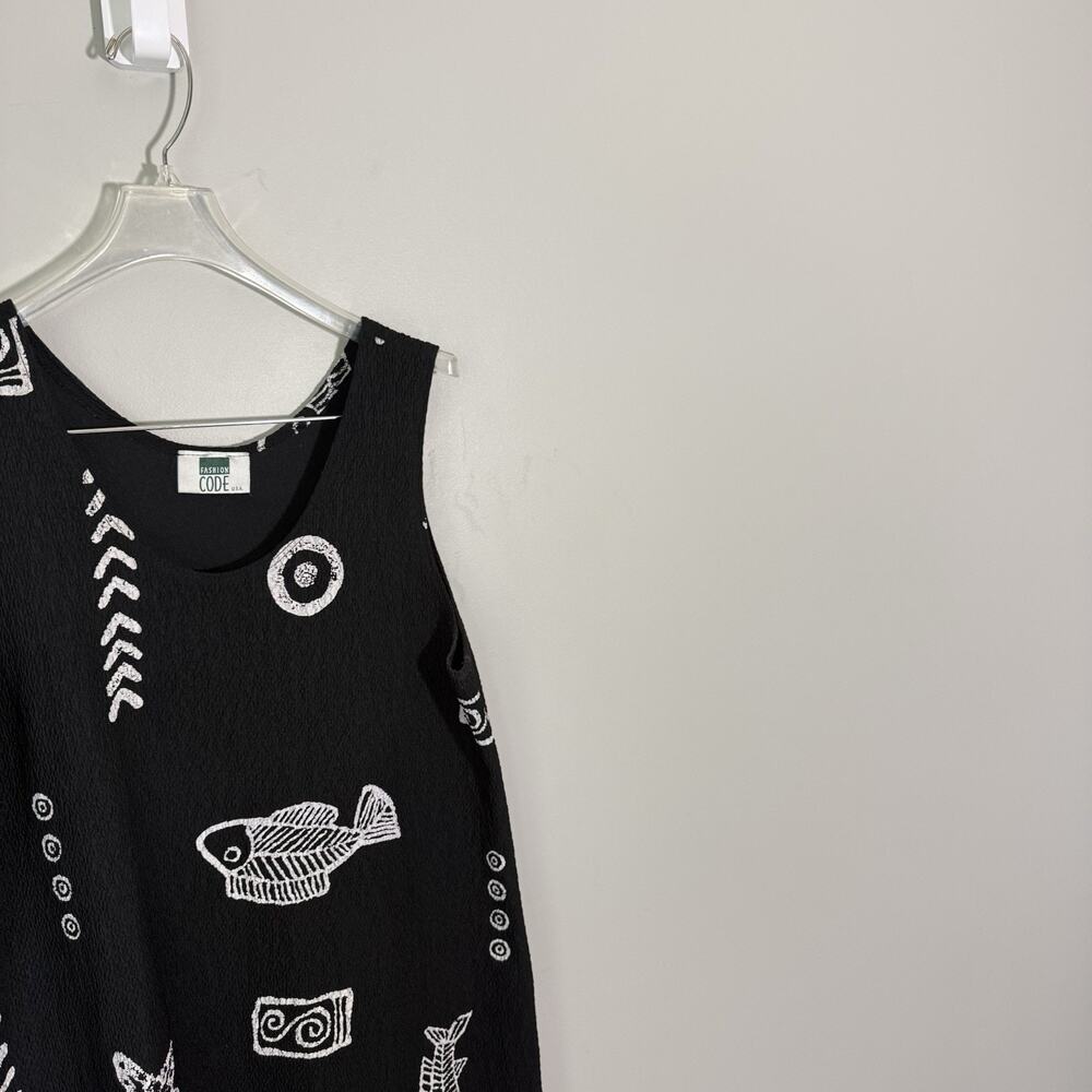 Vintage Gauze Maxi Dress Women Size M Black Fish Print Sleeveless Beach Vacation - Picture 2 of 3
